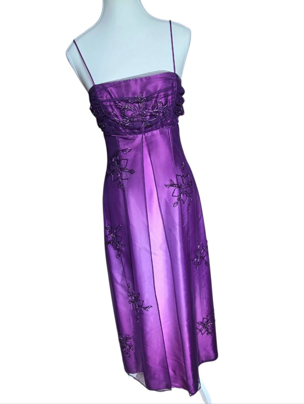 Vintage Y2K Deep Purple Satin Floral Beaded Lace Up Formal Maxi Dress Size 3/4